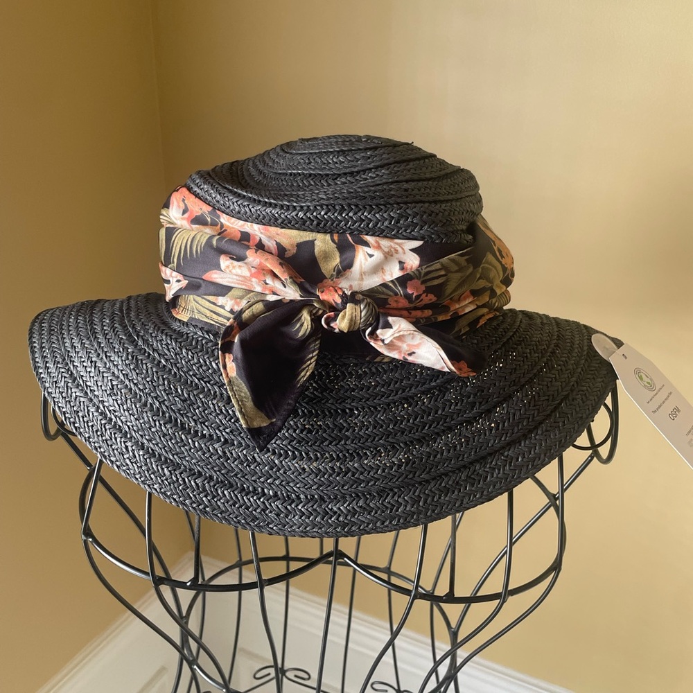 Black Straw Sun Hat with Floral Scarf Accent